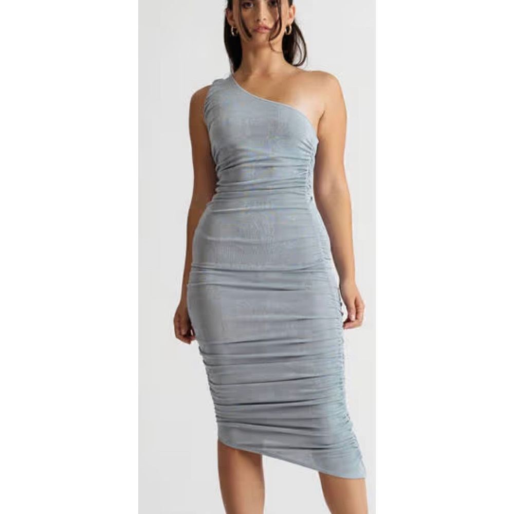 ❤️Olive Tree Light Blue One Shoulder Ruched Midi Dress Size Small - Picture 2 of 9